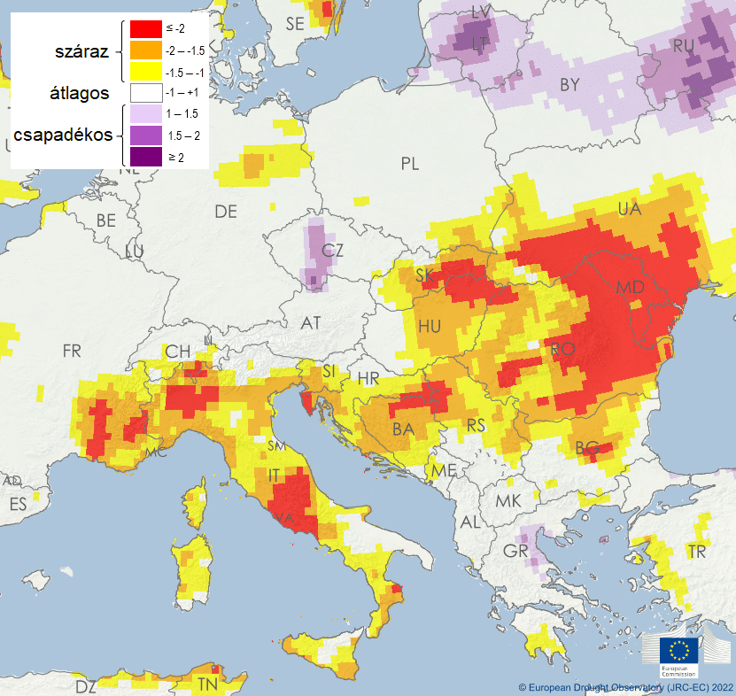 Aszályos területek Közép- és Dél-Európában 2022 júniusában